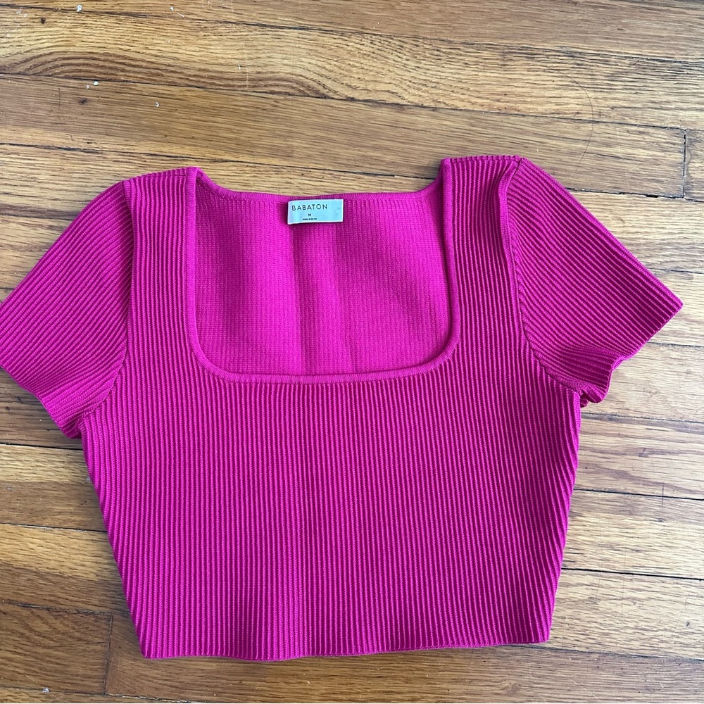 Aritzia Babaton Pink Sculpt Knit squareneck crop top tshirt